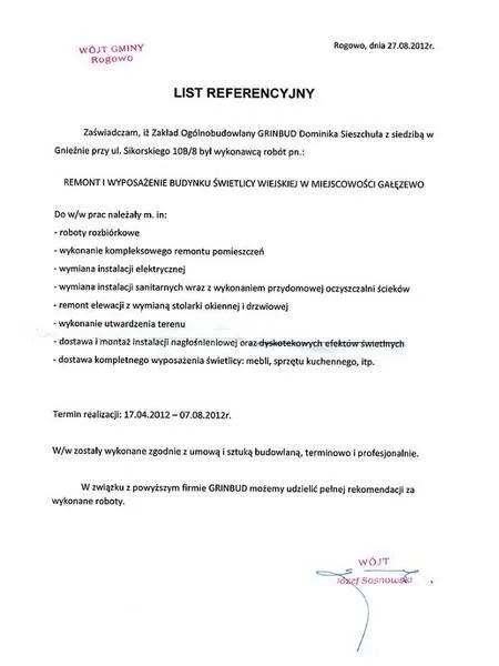 Referencja Wójta gminy Rogowo