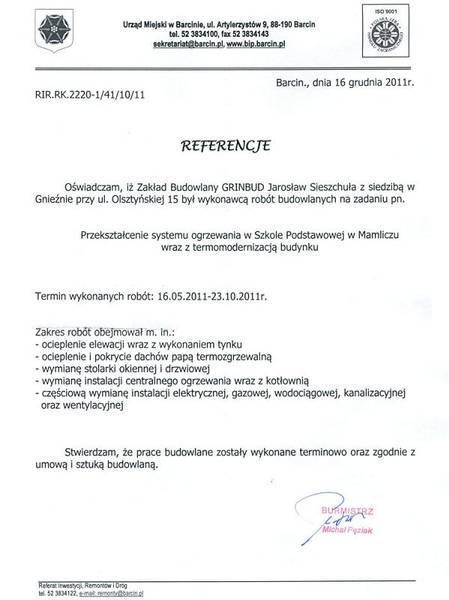 Referencja Urzędu Miasta w Barcinie